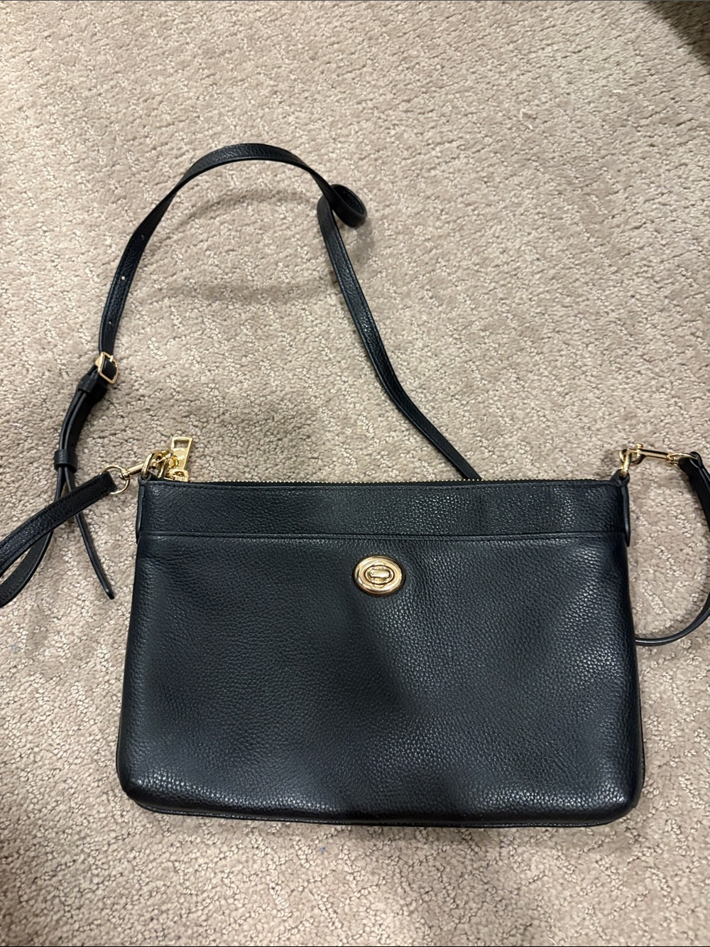 Coach Black Pebbled Leather Crossbody with Gold Turnlock Accent